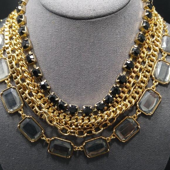 Multi Chain Rhinestone Long Necklace, Black Gray Rhinestones, 5 Strands, 26 Inch - Picture 2 of 6